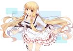  :d blonde_hair brown_eyes chii chobits dress ello frilled_dress frills hair_tubes leaning_forward long_hair looking_at_viewer open_mouth robot_ears smile solo very_long_hair 