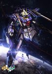  daniel_kamarudin gradient gradient_background gun gundam gundam_build_fighters gundam_build_fighters_try lightning_gundam mecha planet shoulder_cannon space star_(sky) weapon 