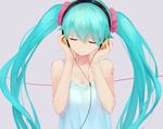 aqua_hair beamed_sixteenth_notes camisole closed_eyes eighth_note hands_on_headphones hatsune_miku headphones highres kisei2 long_hair musical_note smile solo tattoo twintails very_long_hair vocaloid 