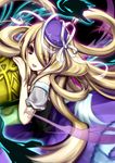  :d armband bare_shoulders blonde_hair eyes_visible_through_hair hair_over_one_eye hat hat_ribbon highres long_hair looking_at_viewer off_shoulder open_mouth pandora_(p&amp;d) puffy_short_sleeves puffy_sleeves purple_hat puzzle_&amp;_dragons ran_(ajisaiya2014) red_eyes ribbon short_sleeves smile solo white_ribbon 