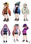  6+girls alternate_costume beanie camo_print colo_(nagrolaz) fangs glasses goggles goggles_on_head hat inkling jacket multiple_girls pointy_ears simple_background smile splatoon sunglasses sweater tentacle_hair v wristband wristbands 