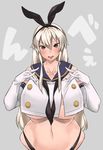  :p aco_(koaya_ako) alternate_breast_size areola_slip areolae blonde_hair breasts brown_eyes curvy elbow_gloves gloves grey_background highres huge_breasts kantai_collection long_hair looking_at_viewer midriff navel older shimakaze_(kantai_collection) simple_background skindentation solo tongue tongue_out underboob white_gloves 