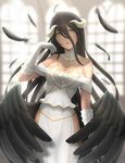  albedo bare_shoulders bird_wings black_hair black_wings breasts demon_horns dress elbow_gloves feathers gloves highres hip_vent horns large_breasts long_hair looking_at_viewer overlord_(maruyama) siraha solo very_long_hair white_dress white_gloves wings yellow_eyes 