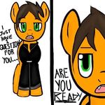  brown_hair clothed clothing comic dialogue earth_pony english_text equine fan_character fangs feral front_view fur green_eyes hair horse looking_at_viewer low_res male mammal my_little_pony open_mouth orange_fur pony solo teeth text unknown_artist 