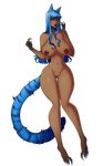 2015 alpha_channel animal_humanoid areola big_breasts blue_eyes blue_fur blue_hair blue_lips breasts cat_humanoid claws dark_skin feline female fur genital_piercing hair hi_res hindpaw human humanoid long_hair looking_at_viewer mammal navel nipple_piercing nipples paws piercing pussy rebeccacablah smile solo standing striped_fur stripes thick_thighs toe_claws wide_hips 