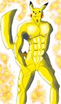  abs abstract_background anthro anthrofied bipedal black_fur brown_fur brown_stripes featureless_crotch fist fur looking_at_viewer male mammal mouse muscles nintendo nipples nude pecs pikachu pok&eacute;mon rodent simple_background smile sparkles stripes video_games wolfgerlion64 yellow_fur 