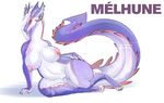  anthro avoid_posting big_breasts breasts claws dragon ear_piercing female hair hi_res horn jewelry long_tail looking_at_viewer m&eacute;lhune navel nipple_piercing nipples nude piercing pussy reclining scalie simple_background solo taihab text voluptuous watermark white_background wide_hips 