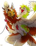  2015 ambiguous_gender anthro avian canine falvie falvie_(character) female feral fionbri fur green_fur hair mammal simple_background smile teeth tongue 