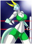  anthro big_breasts bra breasts camel_toe cleavage clothed clothing erect_nipples female fingerless_gloves gloves glowing glowing_eyes june looking_at_viewer navel nintendo nipples pok&eacute;mon r-mk serperior shorts simple_background smile standing tight_clothing underwear video_games white_border 