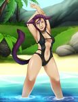  animal_humanoid beach blue_eyes breasts cat_humanoid cat_tail cleavage clothed clothing feline female final_fantasy final_fantasy_xiv hair humanoid mammal miqo&#039;te one_eye_closed outside pose purple_hair raised_arm seaside solo swimsuit video_games witchofavalon 