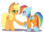  2015 applejack_(mlp) blonde_hair blush chain duo equine female freckles friendship_is_magic green_eyes hair horse mammal my_little_pony overalls pegasus pon3splash pony prison_overalls prison_uniform purple_eyes rainbow_dash_(mlp) shackles wings 