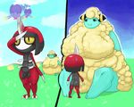  balls big_breasts black_eyes blue_skin breasts butt drifloon eyelashes female field flaccid fluffy huge_breasts male mareep nintendo pawniard pdxyz penis pok&eacute;mon size_difference sweat sweatdrop video_games wool yellow_eyes 