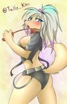  2015 anthro blue_eyes blue_hair blush breasts brown_fur butt canine clothed clothing dog drooling english_text female fur hair half-closed_eyes long_hair looking_at_viewer mammal multicolored_hair open_mouth ponytail purple_hair raised_tail saliva side_boob side_view solo tailzkim text whip white_hair 