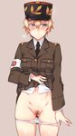  asparagus_(girls_und_panzer) ass_visible_through_thighs bc_freedom_(emblem) bc_freedom_military_uniform blonde_hair blue_eyes blush commentary_request em embarrassed emblem girls_und_panzer girls_und_panzer_ribbon_no_musha hat kepi looking_away military military_hat military_uniform navel necktie panties panty_pull pleated_skirt pubic_hair short_hair simple_background skirt skirt_lift solo sweat underwear uniform white_panties 