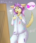  2015 anthro balloon blue_eyes brown_fur canine clothed clothing dialogue english_text female flat_chested fur hair long_hair mammal open_mouth pajamas purple_hair raised_tail solo speech_bubble tailzkim text 
