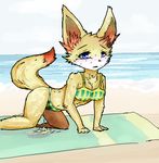  all_fours anthro beach bikini blush chest_tuft cleavage clothed clothing female fennekin fur inner_ear_fluff low_res nintendo omorashi peeing pok&eacute;mon seaside solo swimsuit towel tuft urine video_games zangoose_(artist) 