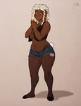  2015 amber_eyes anthro big_breasts black_body black_skin breasts caprine chubby cigarette clothed clothing curly_hair cutoffs denim_shorts eyeshadow female floppy_ears gabby_(kadath) hair kaylii looking_at_viewer makeup mammal navel raised_arm sheep short_tail shorts skimpy smoking solo standing thick_thighs thong vest voluptuous white_hair wide_hips 