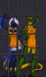  2015 anthro avian beak big_breasts big_tail bird blithedragon blue_background blue_eyes blue_feathers blue_hair breasts claws cleavage clothed clothing duo feathers female front_view green_scales hair jewelry jumpsuit multicolored_scales necklace prison raised_arm red_eyes scalie simple_background standing toe_claws two_tone_scales uniform white_sclera yellow_scales 