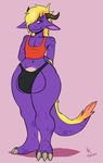  2015 anthro balls big_balls big_ears big_penis blonde_hair bulge claws clothing dragon front_view garstking girly hair horn hyper hyper_penis looking_at_viewer male navel penis purple_scales scalie shirt smirk solo standing tank_top thick_thighs thong toe_claws underwear wide_hips yellow_eyes 