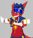  anthro anthrofied arm_wraps axl_shoutmon buddyfight clothing crossover digimon digital_media_(artwork) earphones fan_character front_view grin headgear heibanhikaru male pose scalie shirt shoutmon solo vest 