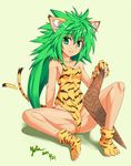  1girl animal_ears animal_hands animal_print boomerang cat_ears cham_cham commentary_request gloves green_eyes green_hair long_hair nishiumi_yuuta paw_gloves paw_shoes samurai_spirits shoes snk solo tail tail_wagging tiger_print 