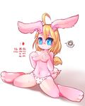  2015 :&lt; ahoge big_eyes blonde_hair blue_eyes blush chaora clothed clothing covering covering_breasts digital_media_(artwork) female fur hair half-dressed lagomorph mammal navel panties pink_fur rabbit sitting solo topless underwear 