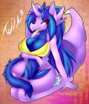  2015 anthro big_breasts blue_hair blue_scales breasts claws dragon english_text feathers female forked_tongue hair horn long_hair navel nude open_mouth pointy_ears purple_feathers purple_scales scalie sharp_teeth sitting solo spikes tailzkim teeth text tongue tongue_out wings yellow_eyes yellow_scales 
