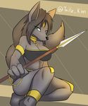  2015 anthro anubian_jackal anubis barefoot big_breasts black_fur black_hair breasts canine cleavage clothed clothing deity english_text female fur green_eyes hair jackal jewelry long_hair mammal melee_weapon navel polearm pose skimpy solo spear tailzkim text weapon 