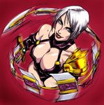  armor blue_eyes breasts cleavage female gloves gradient gradient_background highres isabella_valentine large_breasts lips revealing_clothes short_hair solo soul_calibur soulcalibur_i sword weapon white_hair 