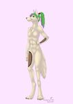  2015 abs absurd_res anthro aqua_man breasts brown_fur canine chest_tuft claws dog featureless_crotch female fur green_eyes green_hair green_sclera hair hand_on_hip hi_res larry. looking_at_viewer mammal multicolored_fur nipples nude pink_background purple_hair pussy simple_background smile solo spots standing tan_fur toe_claws toned tuft two_tone_fur 