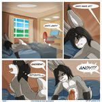  2015 aaron_(artist) abs andy_porter annoyed anthro bed bedroom black_hair blanket butt comic dialogue english_text erection eyes_closed fur green_eyes grey_fur hair humanoid_penis lagomorph long_hair lying male mammal morning_wood muscles nude on_bed on_front open_mouth pecs penis pillow pink_nose rabbit sitting solo teeth text tongue vein waking_up white_fur 