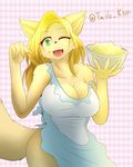  2015 anthro apron big_breasts blonde_hair bottomless bowl breasts brown_fur canine claws cleavage clothed clothing english_text female food fox fur green_eyes hair half-dressed long_hair looking_at_viewer mammal one_eye_closed open_mouth raised_tail smile solo tailzkim teeth text wink 