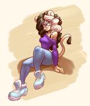 anthro bare_shoulder black_hair bra_strap clothing cute dandee_(character) eyewear feline female glasses hair lion looking_at_viewer luxarts_(artist) mammal multicolored_hair sitting solo two_tone_hair white_hair white_lion wide_hips 
