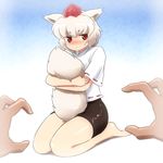  animal_ears bare_legs barefoot blush hat inubashiri_momiji looking_at_viewer miniskirt out_of_frame pov pov_hands red_eyes seiza shirosato shirt silver_hair sitting skirt solo_focus tail tail_hug tokin_hat touhou wolf_ears wolf_tail 