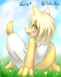  2015 anthro blonde_hair blush brown_fur canine clothed clothing cloud dress english_text female fur grass green_eyes hair looking_at_viewer looking_back mammal open_mouth outside sitting sky smile solo tailzkim teeth text 
