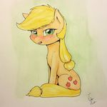  2015 applejack_(mlp) blonde_hair blush captainpudgemuffin cute earth_pony equine female feral freckles friendship_is_magic fur green_eyes hair hi_res horse looking_at_viewer mammal my_little_pony orange_fur pony raised_eyebrow sitting solo text tongue tongue_out 