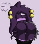  2015 anthro bent_over bottomless bra butt clothed clothing english_text fan_character female genevieve half-dressed hand_on_butt inviting latiar mega_banette mega_evolution nintendo pants pants_down pok&eacute;mon pok&eacute;morph purple_background purple_skin pussy solo text underwear undressing video_games yellow_skin 