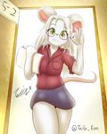  2015 anthro breasts clothed clothing english_text eyewear female fur glasses green_eyes hair inside long_hair looking_at_viewer mammal paper rat rodent shirt skirt smile solo tailzkim text white_fur white_hair 