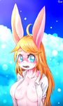  &lt;3 &lt;3_eyes 2015 ahoge big_eyes blonde_hair blue_eyes blush breasts bust_portrait chaora clothed clothing exotic_pupils female fur hair lagomorph long_hair mammal open_mouth open_shirt partially_clothed pink_fur rabbit shirt solo sweat 