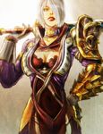  armor breasts cleavage female gloves gradient gradient_background green_eyes hair_over_one_eye highres isabella_valentine large_breasts lips revealing_clothes short_hair solo soul_calibur soulcalibur_v sword weapon white_hair 
