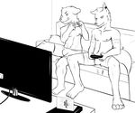  2015 4_toes anthro barefoot black_and_white boxers_(clothing) bulge canine clothed clothing controller dog duo ear_piercing fur game_controller gaming hair half-dressed happy inside male mammal monitor monochrome navel nipples partially_clothed paws penis piercing playing_videogame shorts siriuswolfus sitting smirk sofa spread_legs spreading television toes tongue tongue_out topless underwear video_games wolf 
