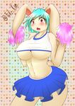  2015 anthro big_breasts blush breasts brown_fur cheerleader clothed clothing english_text female fur green_hair hair lagomorph mammal navel open_mouth pom_poms rabbit red_eyes shirt skimpy skirt solo tailzkim text under_boob wide_hips 
