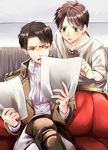  a1ri brown_hair couch eren_yeager holding levi_(shingeki_no_kyojin) male_focus multiple_boys paper paradis_military_uniform reading shingeki_no_kyojin sitting sweatdrop talking 