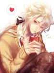  bad_id bad_pixiv_id beamed_sixteenth_notes drinking drinking_straw eighth_note heart highres kogitsunemaru kunreishiki long_hair looking_at_viewer male_focus musical_note necktie nipponia_nippon quarter_note red_eyes red_neckwear romaji smile solo speech_bubble spoken_heart sweater touken_ranbu white_background 