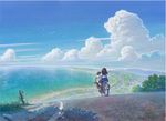  1girl acrylic_paint_(medium) bicycle bird cloud day grass ground_vehicle hill horizon landscape multiple_riders ocean original riding road scenery school_uniform serafuku shiraishi_takashi sky traditional_media tree_shade wide_shot 