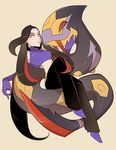  azami_(pokemon) brown_hair crop_top denbaa frontier_brain gen_3_pokemon long_hair midriff multicolored_hair pants poke_ball pokemon pokemon_(creature) pokemon_(game) pokemon_emerald pokemon_rse red_eyes seviper sleeveless very_long_hair 