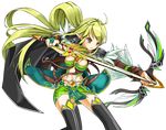  black_legwear bow_(weapon) breasts buckle cape elsword green_eyes green_hair green_skirt long_hair medium_breasts midriff miniskirt night_watcher_(elsword) official_art pointy_ears rena_(elsword) ress serious shoulder_pads skirt solo sword thighhighs transparent_background very_long_hair weapon 