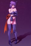  absurdres ayane_(doa) bare_shoulders bow breasts cleavage collarbone dead_or_alive dress full_body headband highres large_bow large_breasts looking_at_viewer navel nikita_varb no_pants obi panties pigeon-toed purple_background purple_dress purple_hair purple_legwear purple_panties red_eyes sash shadow short_hair solo standing thighhighs underwear 