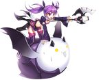  :3 aisha_(elsword) angkor_(elsword) bandeau bat boots creature elsword full_body holding holding_wand midriff miniskirt official_art purple_eyes purple_footwear purple_hair purple_skirt purple_sleeves ress short_hair skirt smile sweat thigh_boots thighhighs transparent_background twintails void_princess_(elsword) wand 