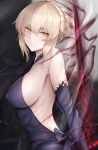  1girl artoria_pendragon_(all) bangs bare_shoulders black_dress blonde_hair blush braid breasts commentary_request dark_excalibur detached_sleeves dress erect_nipples erect_nipples_under_clothes eyebrows_visible_through_hair fate/grand_order fate/stay_night fate_(series) french_braid gothic_lolita hair_between_eyes hair_bun highres holding holding_sword holding_weapon isawo_(lucanus19) large_breasts lolita_fashion looking_at_viewer saber_alter sideboob sidelocks solo sword weapon yellow_eyes 